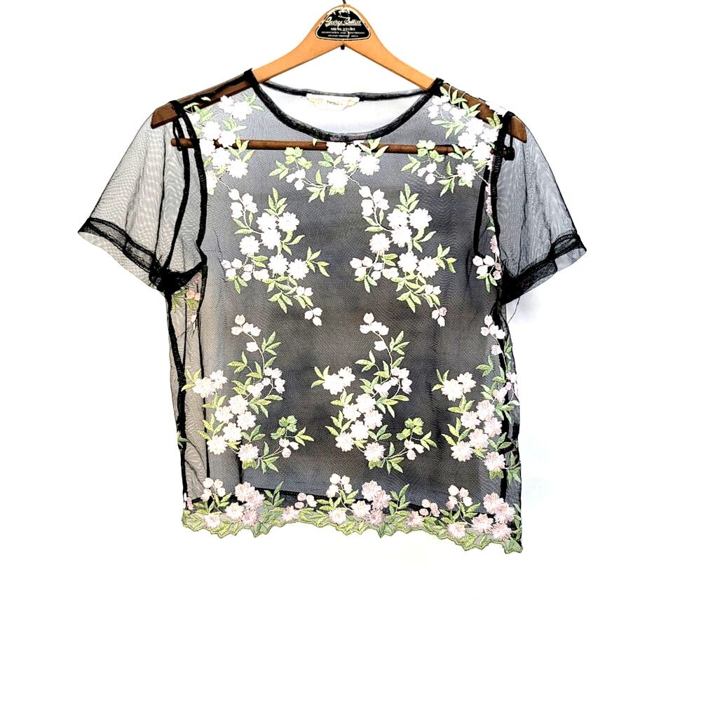Witchy Romantic Embroidered Floral Twinkle Mesh Delicate Feminine Sheer Top M